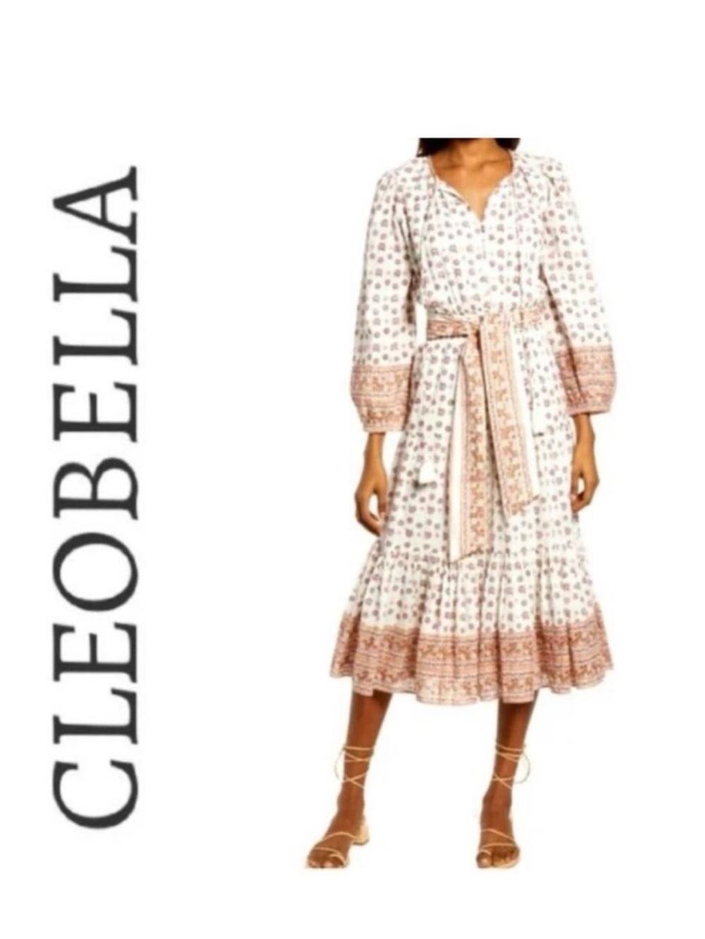 Cleobella White and Tan Printed Midi Dress with Tie Waist